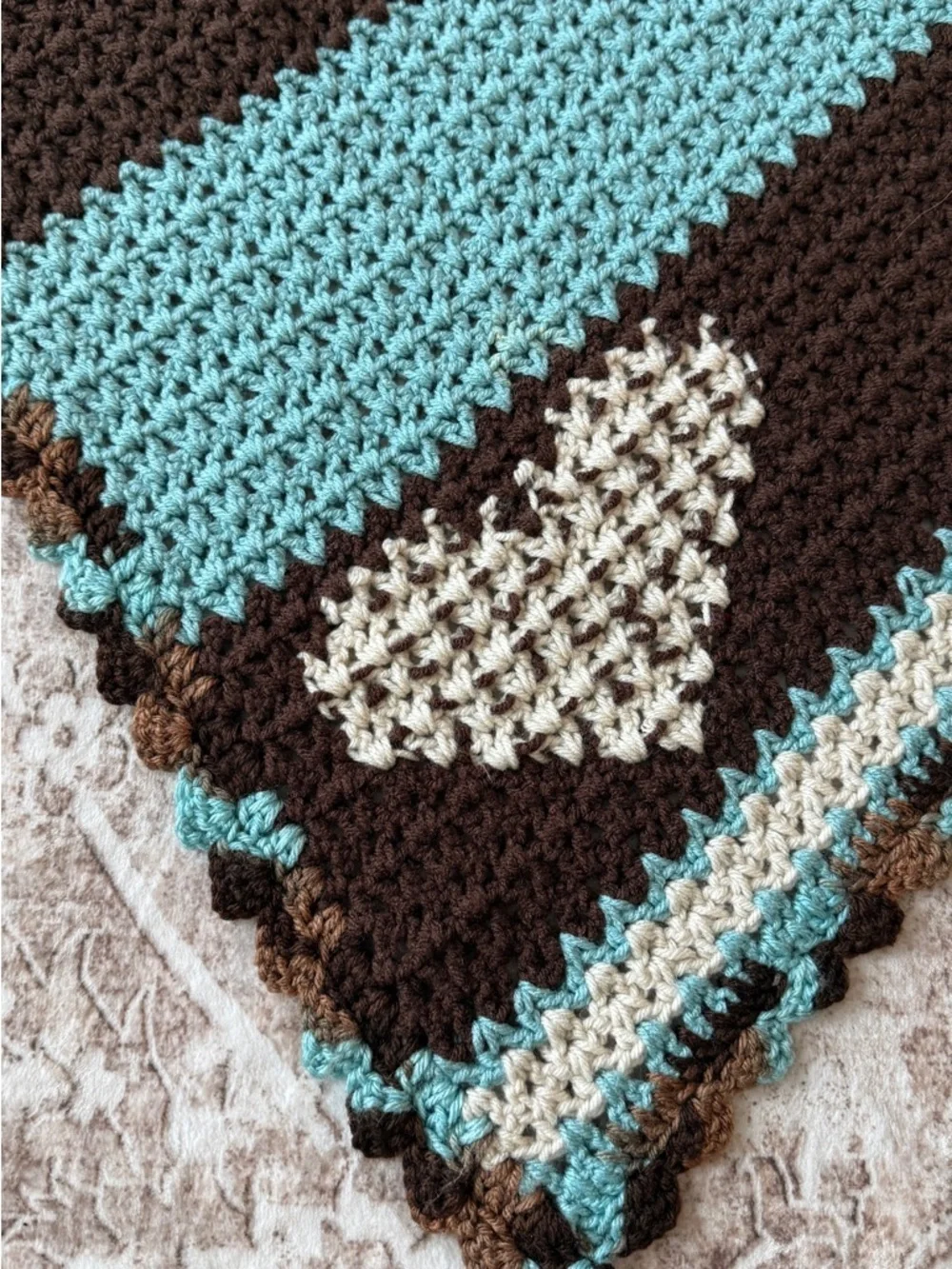 Handmade Crochet Blanket Cross Design Brown Blue Cream Throw 34x38 Faith Decor